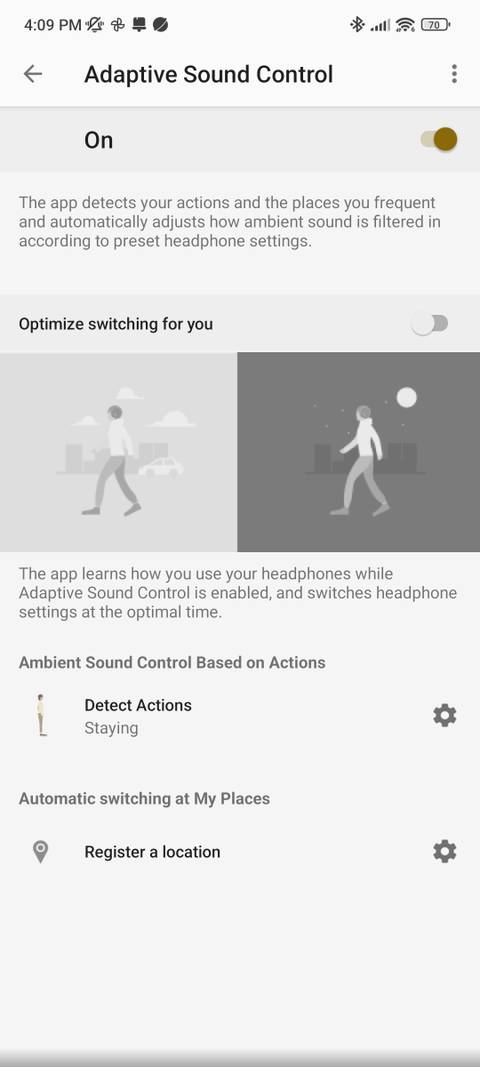 Sony's Headphones app screenshot showing adaptive sound controls. 