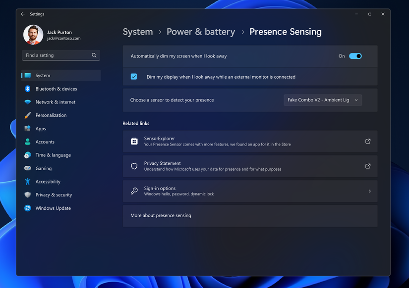 Screenshot of Presence Settings in Windows 11 showing Adaptive Dimming enabled