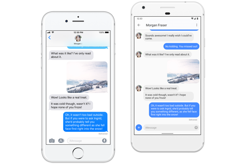 The same iMessage conversation on an iPhone and Android phone. 