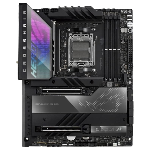 render of the ASUS ROG Crosshair X670E Hero motherboard, front