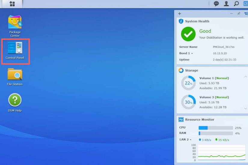 An overview of DSM with Control Panel highlighted.
