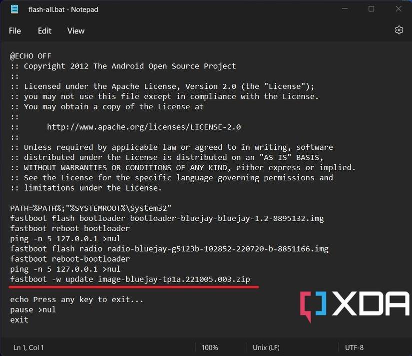 fastboot -w parameter in Google Pixel's flash-all.bat script