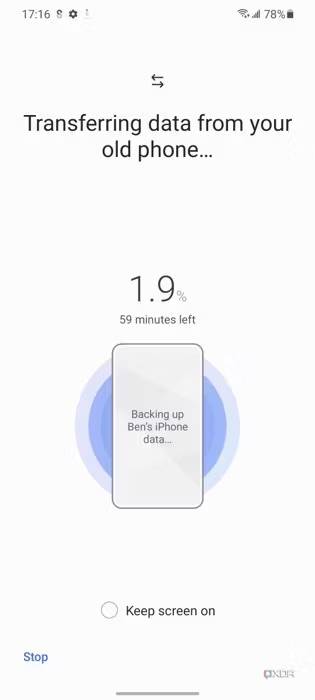 Transferring data from your old phone screen with progress percentage