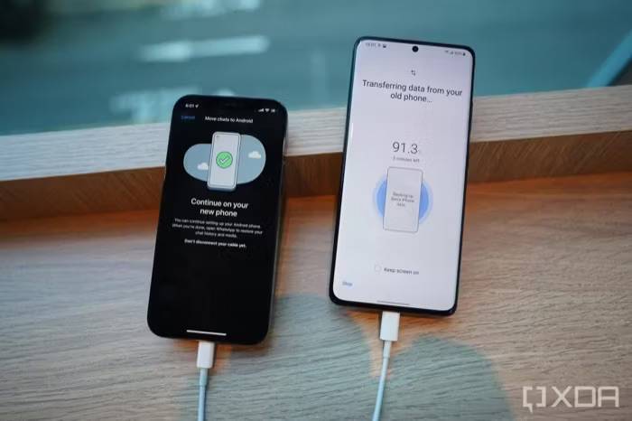iPhone 12 Pro connected to Galaxy S21 Ultra using cable to transfer WhatsApp history