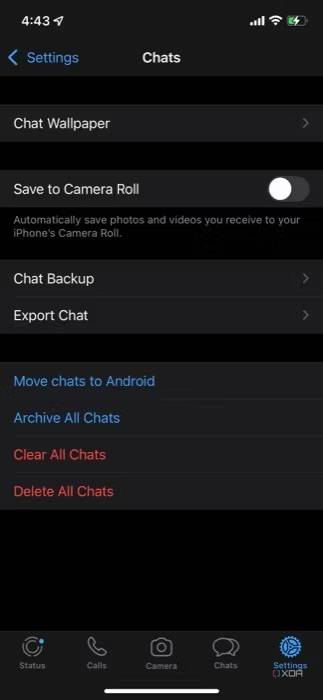 Move chats to Android button in WhatsApp for iOS settings