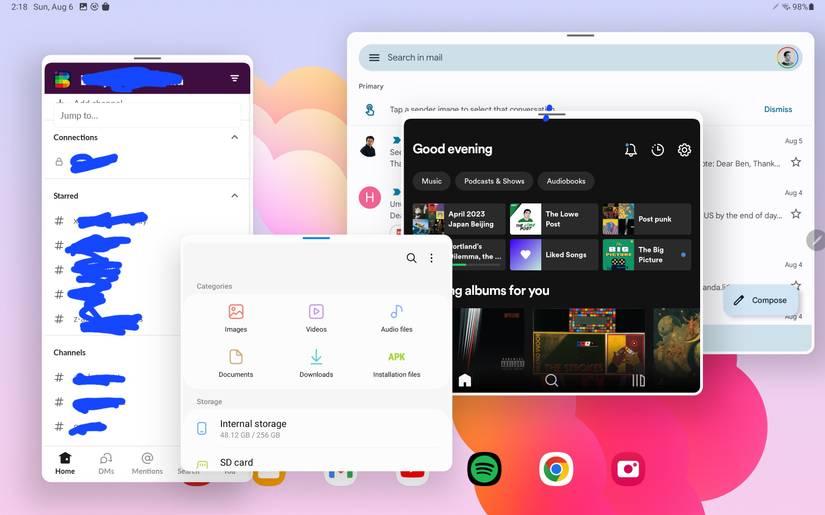 Galaxy Tab S9 ultra multitasking running four apps at the same time. 