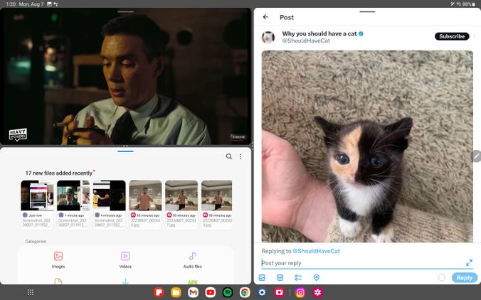 Running three apps at same time on Tab S9 Ultra, in a locked grid.Â