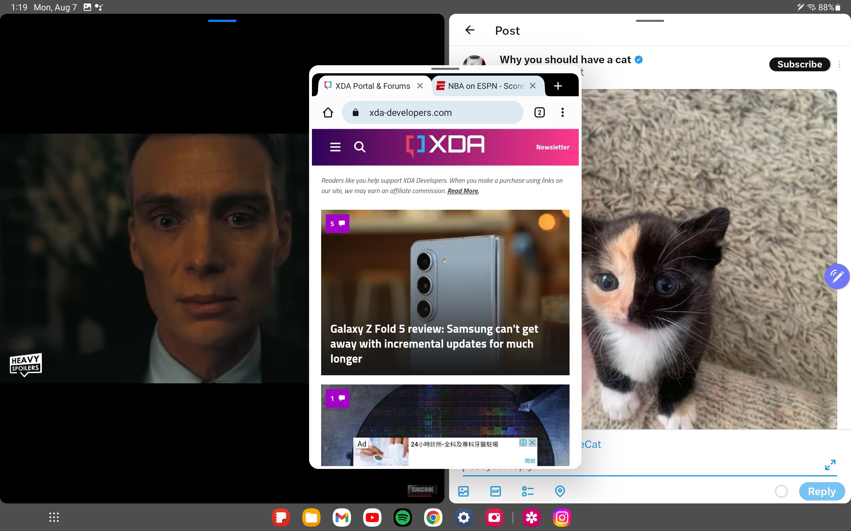 Running three apps at same time on Tab S9 Ultra, with one app floating in middle
