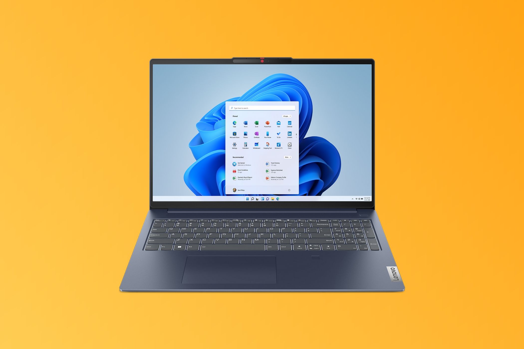 Front view of the Lenovo IdeaPad Slim 5 in blue over a yellow gradient background