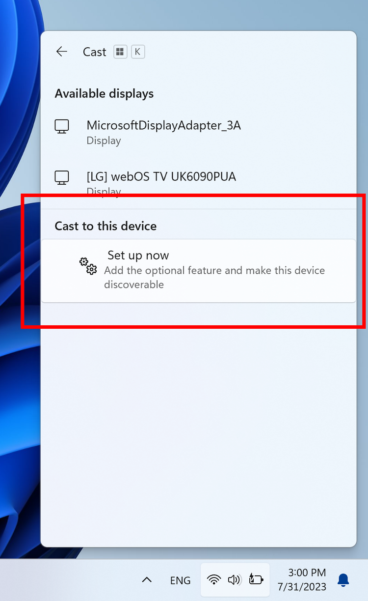 Screenshot of the new cast panel Windows 11 showing the option to set up the PC as a wireless display