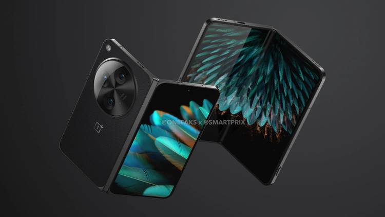 OnePlus Open with front and back shown, feather background on screen