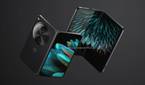 OnePlus Open with front and back shown, feather background on screen