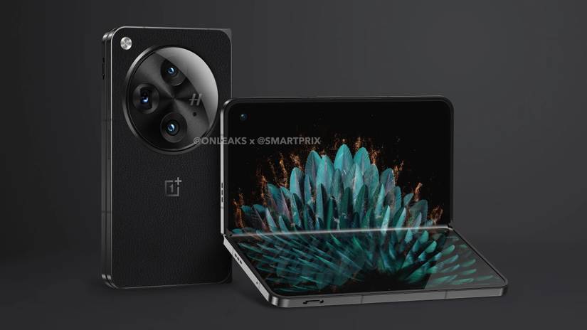 OnePlus Open with front and back shown, feather background on screen