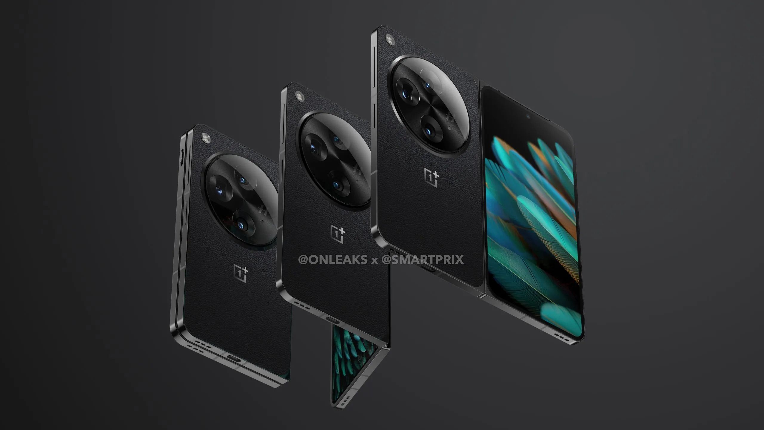 OnePlus Open with front and back shown, feather background on screen