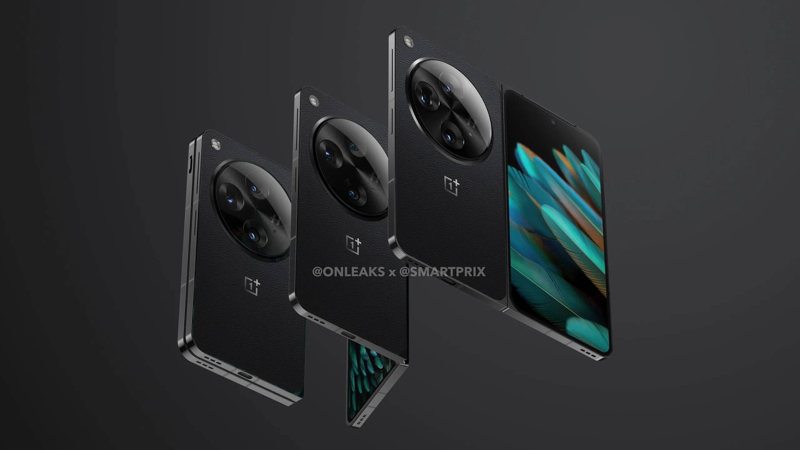 OnePlus Open with front and back shown, feather background on screen