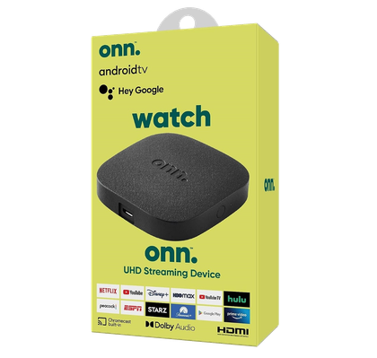Image of the onn Android TV 4K UHD Streaming Device in a yellow box