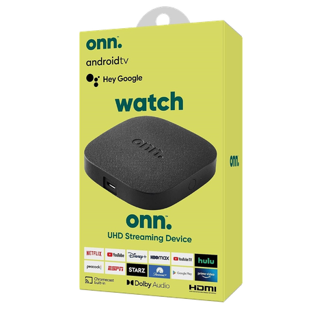 Image of the onn Android TV 4K UHD Streaming Device in a yellow box