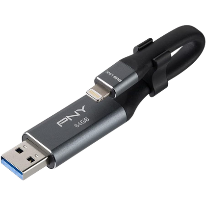 PNY Duo Link flash drive with the Lightning port bent over the USB 3.0 port