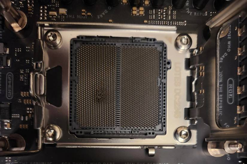 Close up of a Ryzen 7 7800X3D motherboard socked burnt 