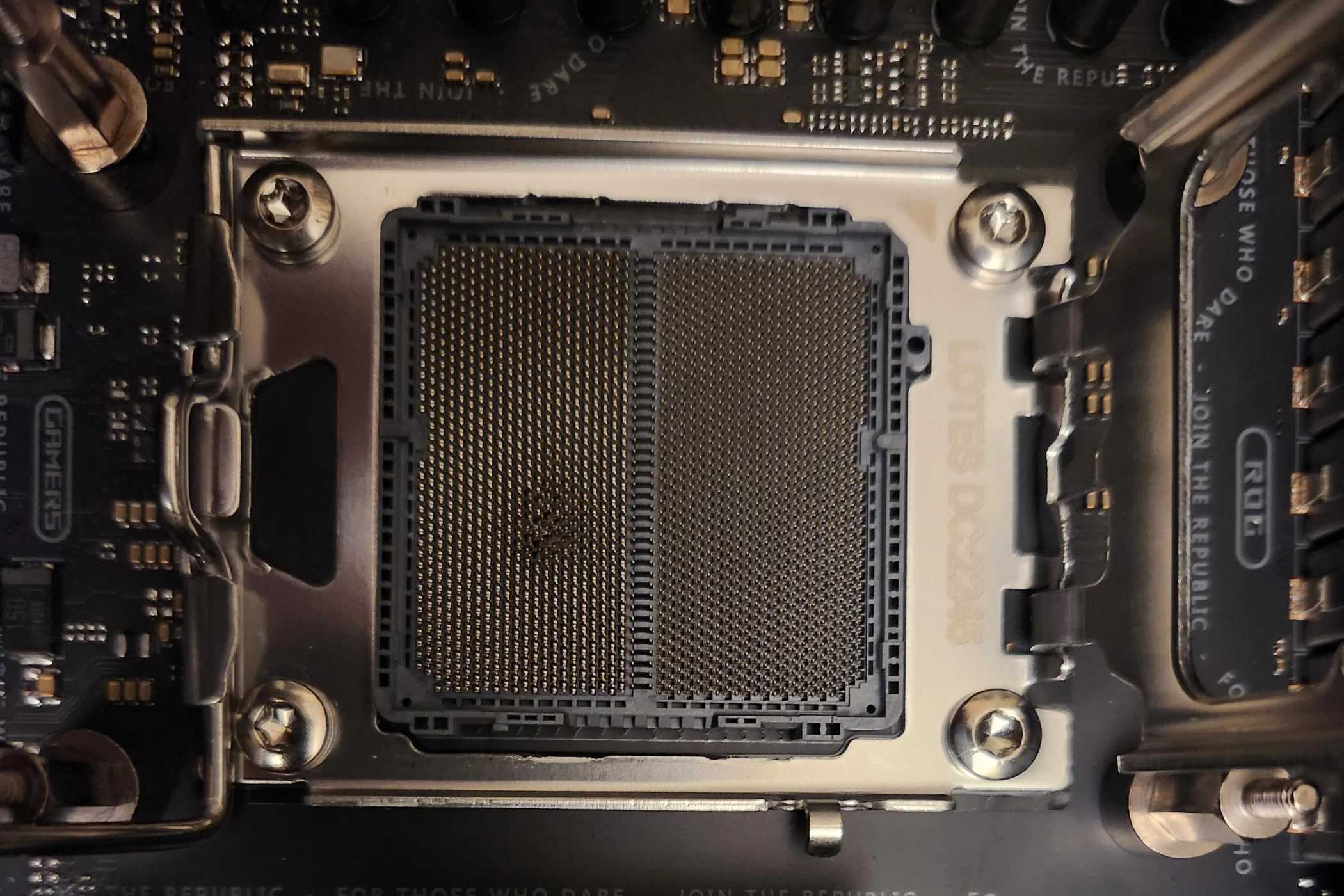 Close up of a Ryzen 7 7800X3D motherboard socked burnt