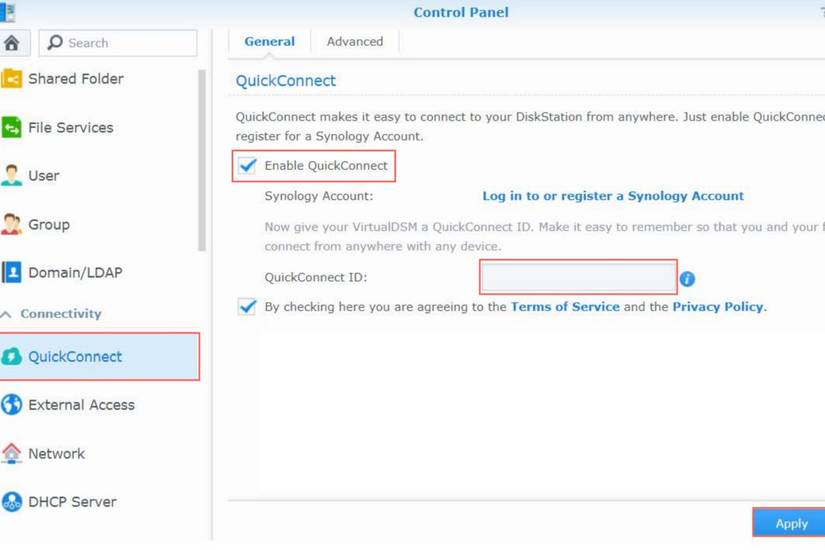 An overview of the QuickConnect tab in the Control Panel of a Synology NAS running DSM