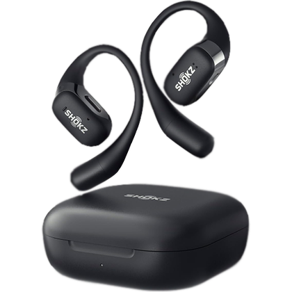 Front view of SHOKZ OpenFit buds and closed charging case. 