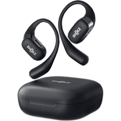 Front view of SHOKZ OpenFit buds and closed charging case. 