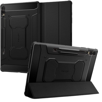 A render of the Spigen Rugged Armor Pro for Galaxy Tab S9+ in black color.