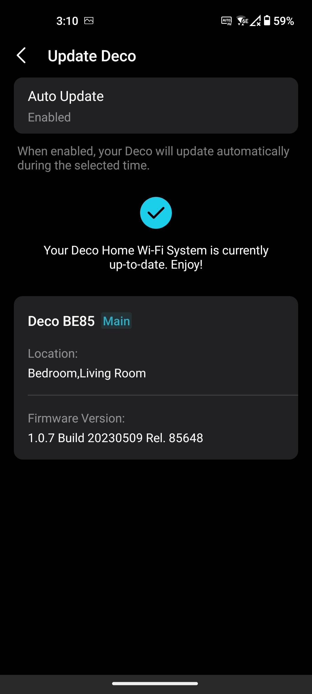 Deco app firmware update screen