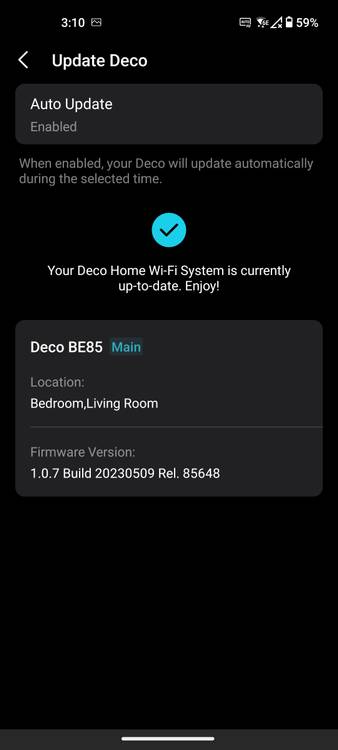 Deco app firmware update screen