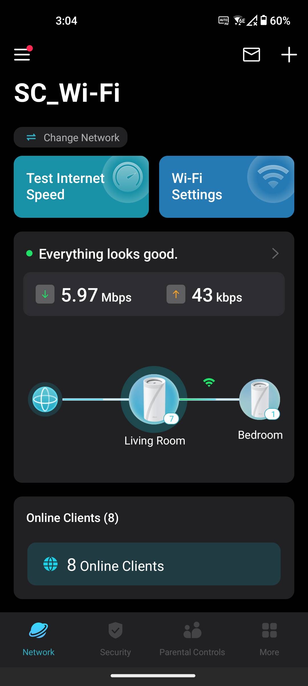 Deco app main network screen showing current usage and network map