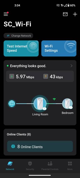 Deco app main network screen showing current usage and network map