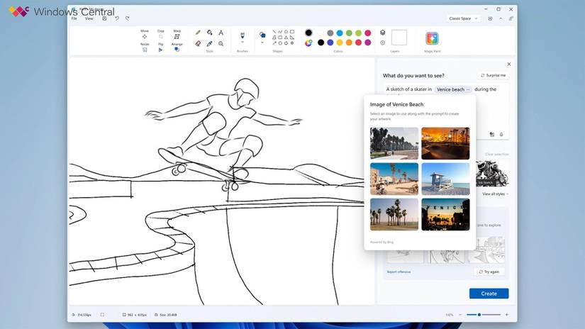 Mockup screenshot of Paint in Windows 11 with generative AI capabilities allowing users to generate images using words