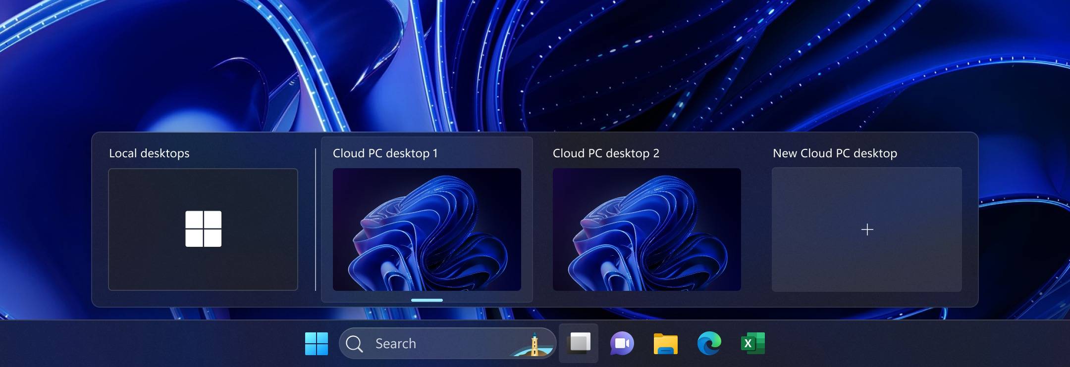 Screenshot of the Task View menu in Windows 11 showing the option to switch between local desktops and cloud PC desktops