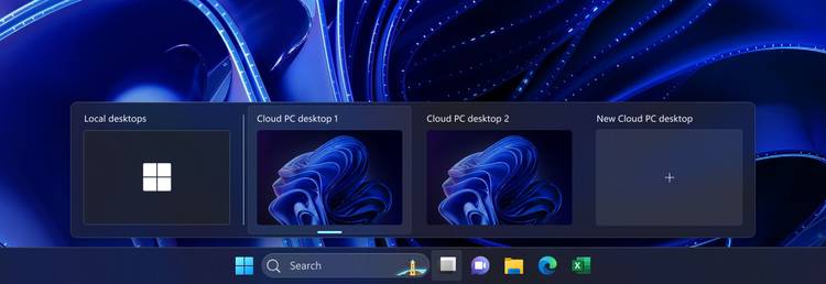 Screenshot of the Task View menu in Windows 11 showing the option to switch between local desktops and cloud PC desktops