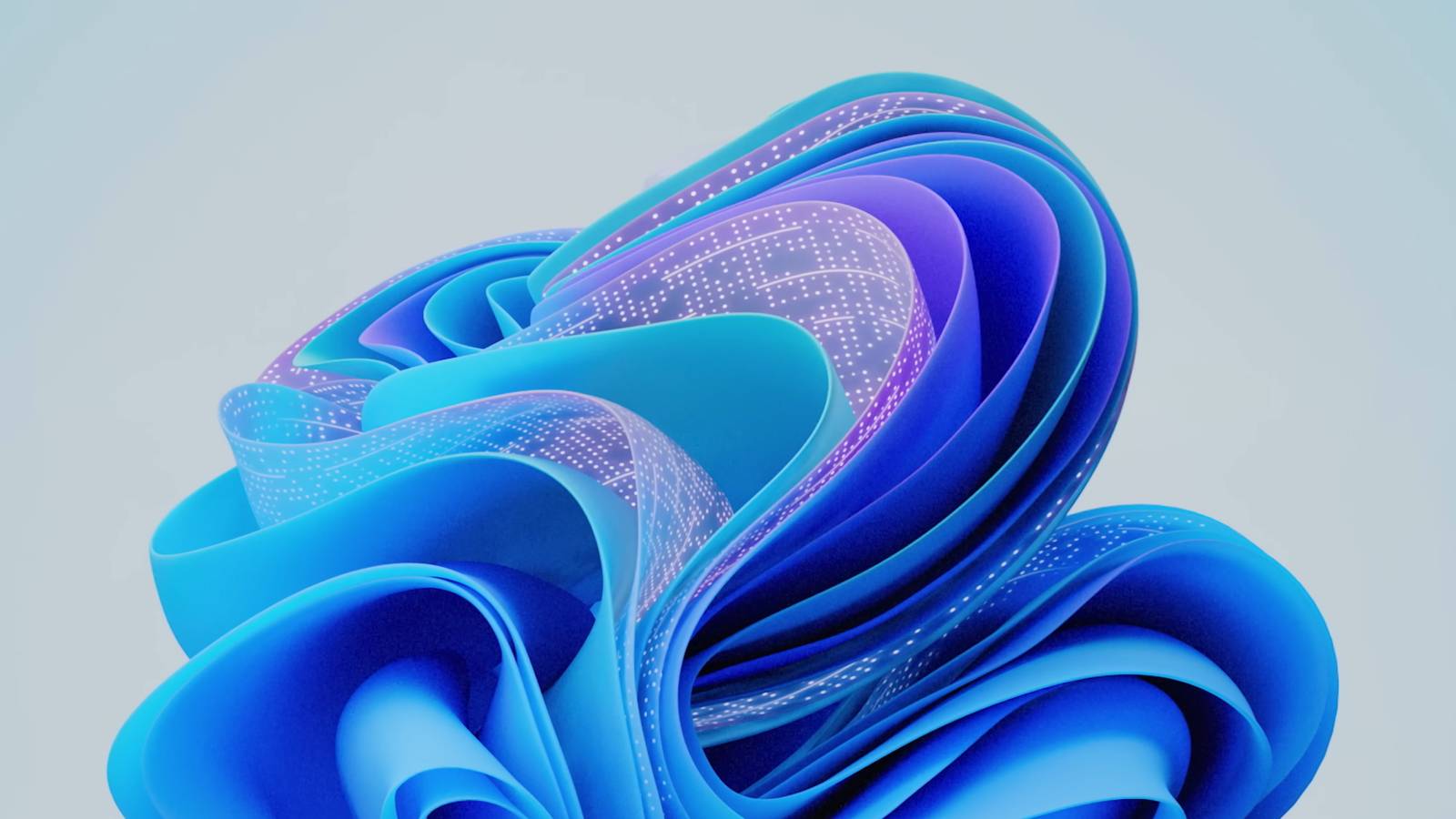 The default Windows 11 Bloom wallpaper with wavy blue shapes, but some are colored purple and show white dots to symbolize artificial intelligence