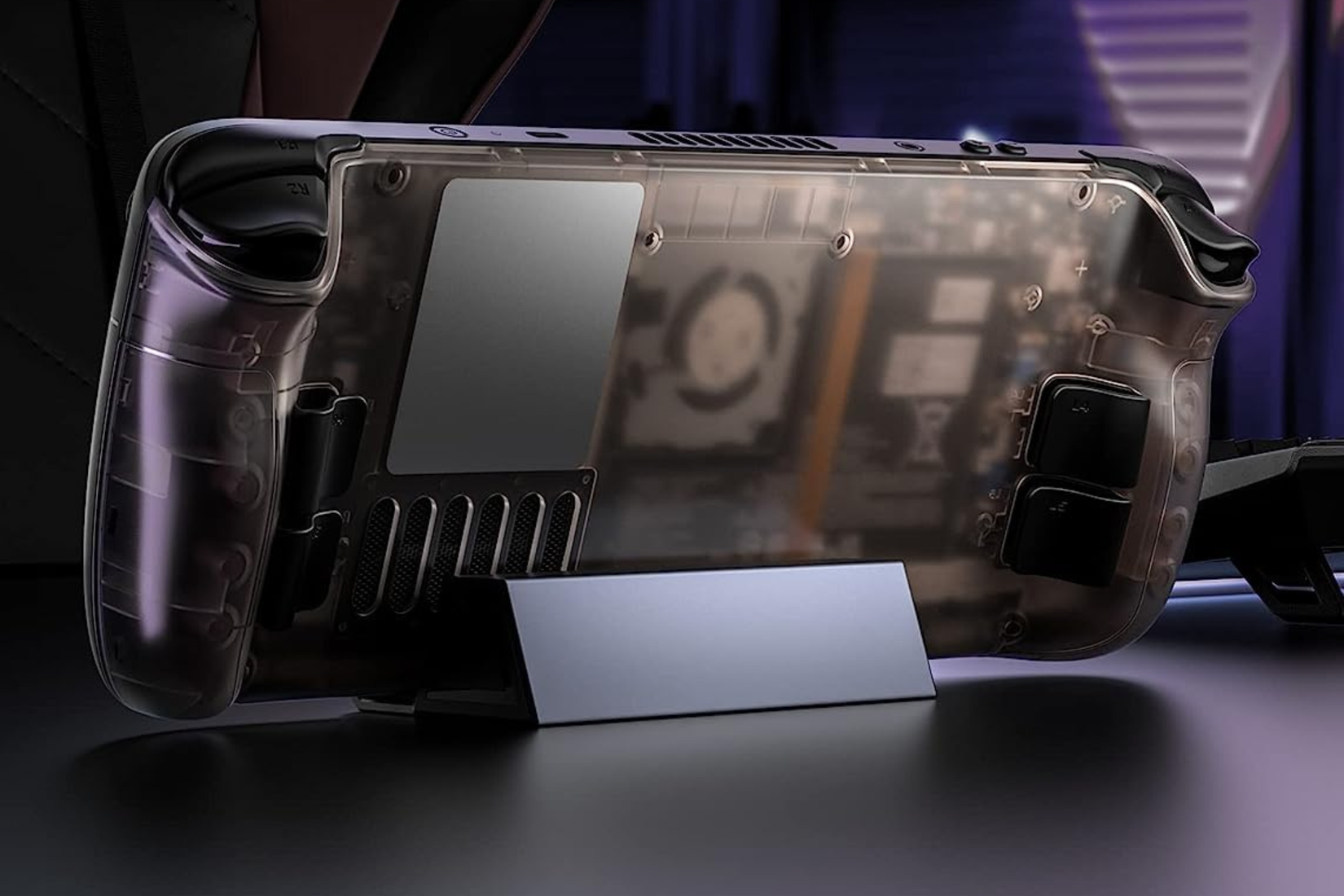 JSAUX's transparent backplate on Steam Deck resting in stand 
