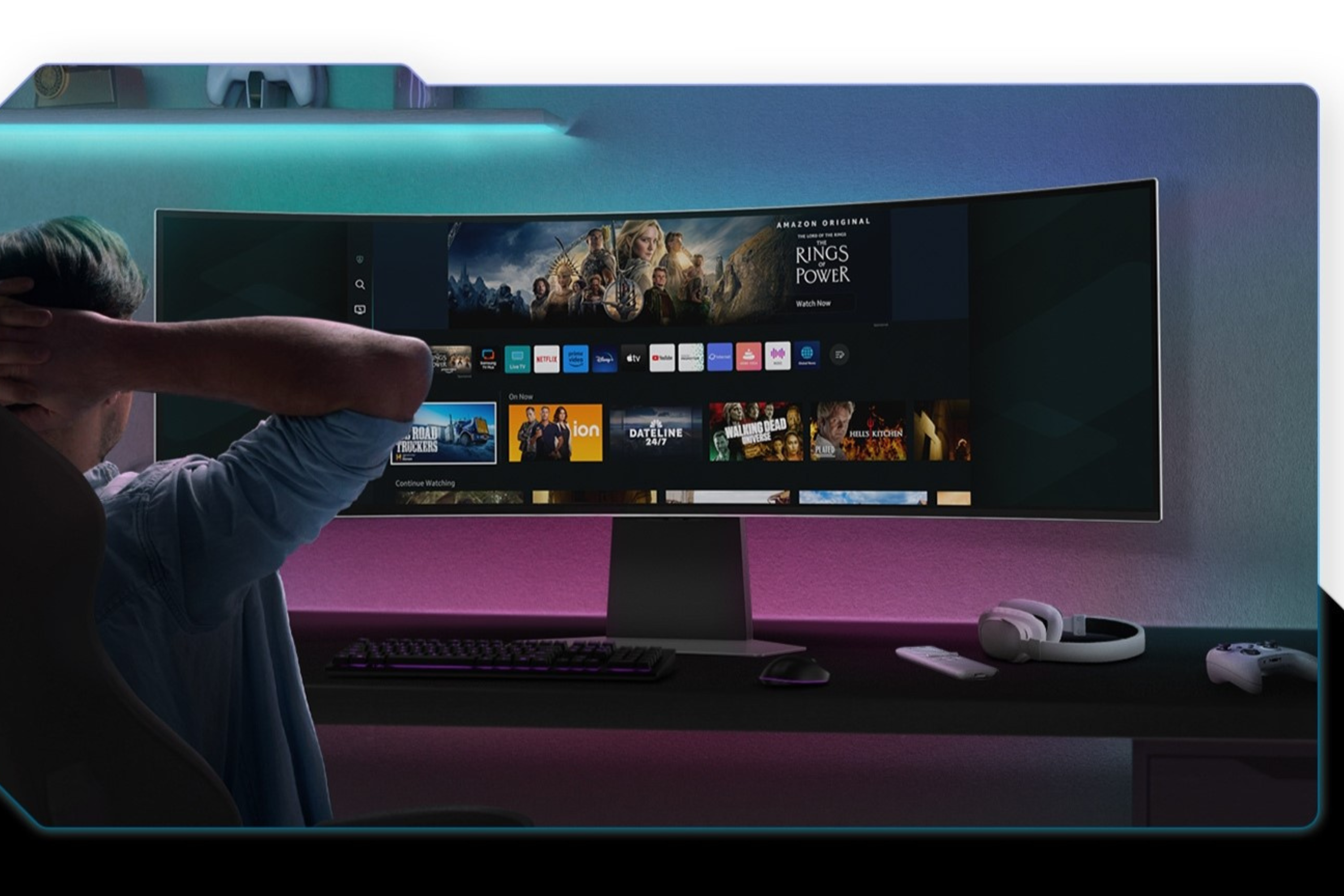 Person sitting in front of Samsung Odyssey G9 49-inch OLED monitor 
