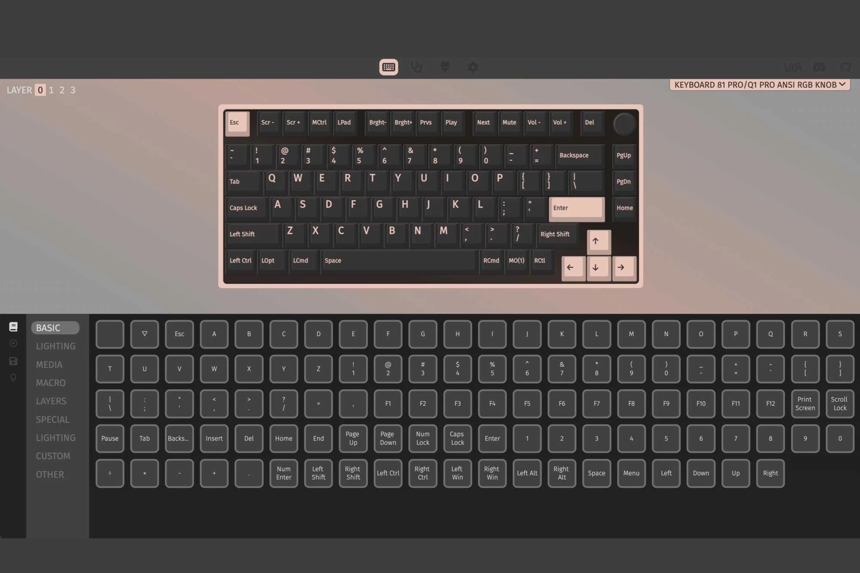 VIA software for customizing the OnePlus Keyboard 81 Pro showing settings for keys, lighting, media, macros settings, and more.