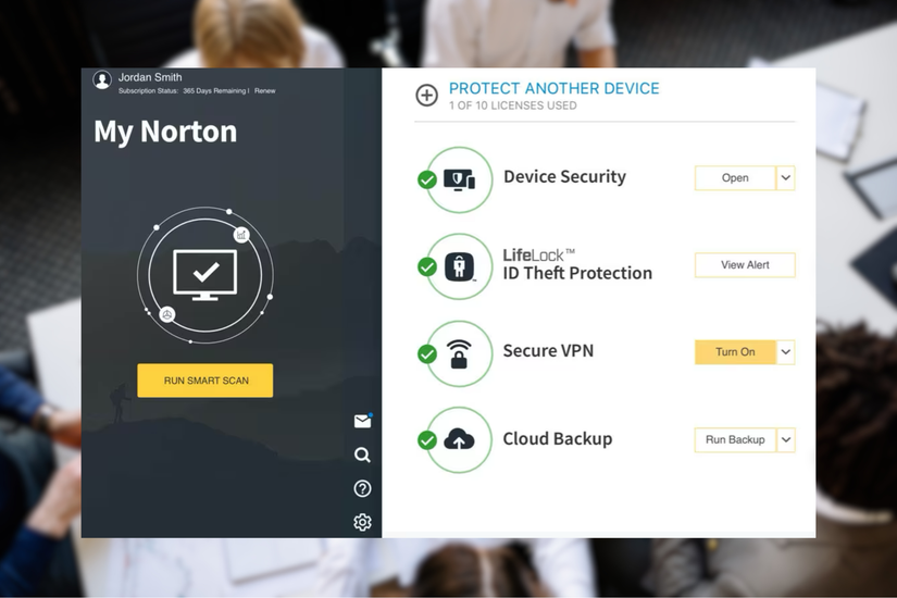 Norton 360 menu screen