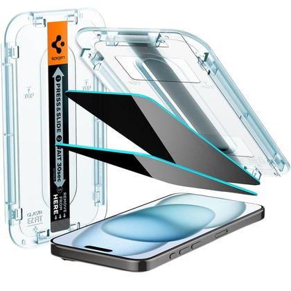 Spigen Tempered Glass Privacy Screen Protector For iPhone 15 along with alignment tool