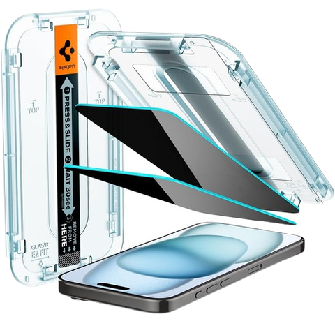 Spigen Tempered Glass Privacy Screen Protector For iPhone 15 along with alignment tool