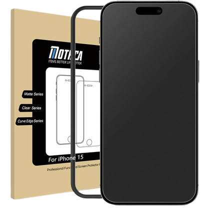 Mothca Matte Glass Screen Protector for iPhone 15 along with packaging and alignment tool