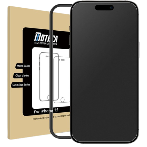 Mothca Matte Glass Screen Protector for iPhone 15 along with packaging and alignment tool