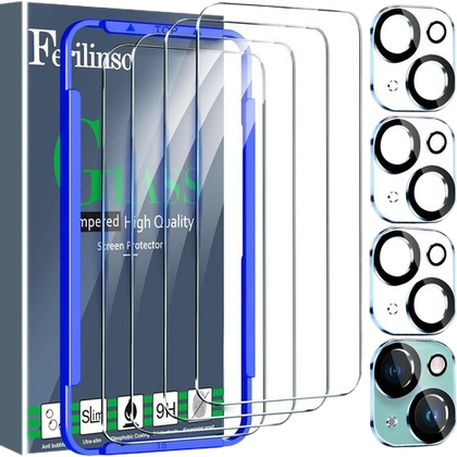 Ferilinso Screen Protector for iPhone 15 along with camera protectors and alignment tool