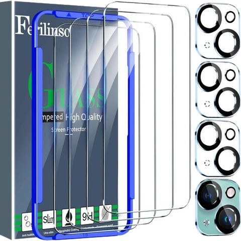 Ferilinso Screen Protector for iPhone 15 along with camera protectors and alignment tool