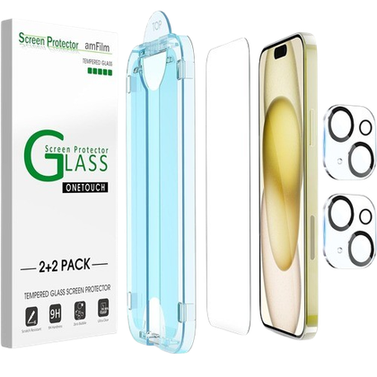 amFilm OneTouch Screen Protector for iPhone 15 along with alignment tool and camera protectors