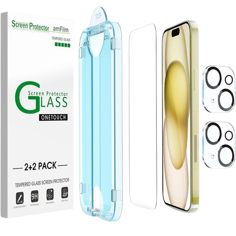 amFilm OneTouch Screen Protector for iPhone 15 along with alignment tool and camera protectors