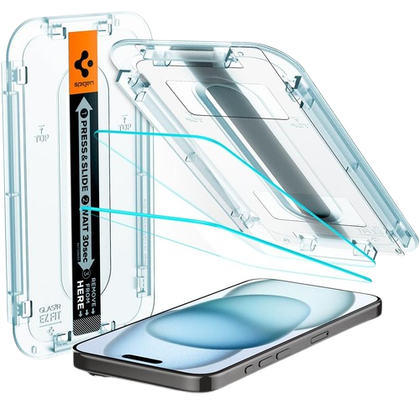 Spigen Tempered Glass Screen Protector For iPhone 15 along with alignment tool