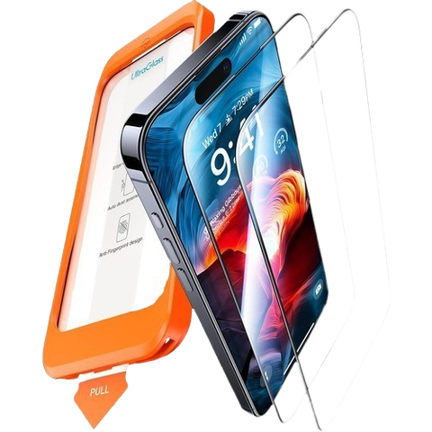 UltraGlass Screen Protector for iPhone 15 along with alignment tool
